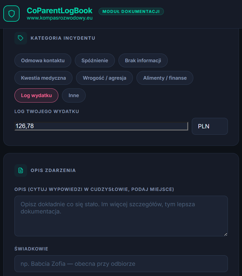 CoParentLogBook – wersja ciemna